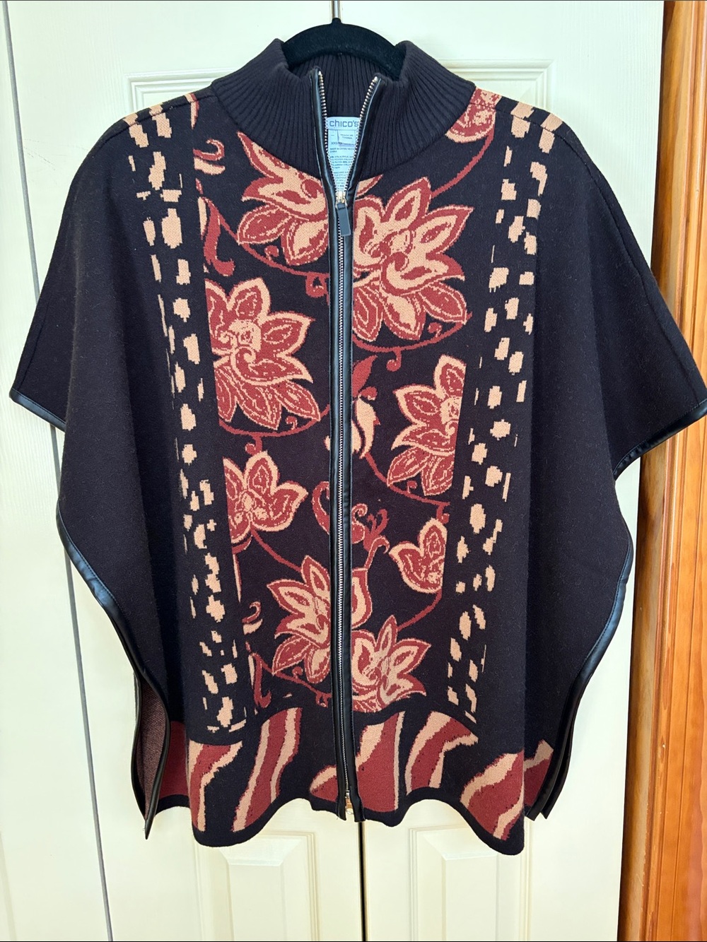 Chico's Black Zip-Front Floral Poncho with Rust & Cream Accents